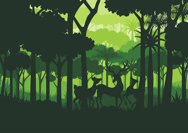 Vector wildlife and green silhouette forest abstract background.