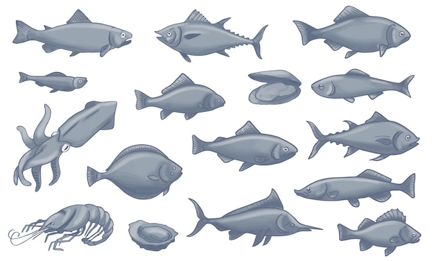 Vettore di raccolta di icone di pesce grigio della fauna selvatica