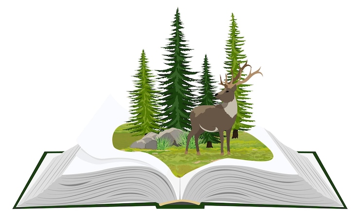 Вектор дикая природа и ее изучение большая открытая книга с лесным пейзажем концепция воображения
