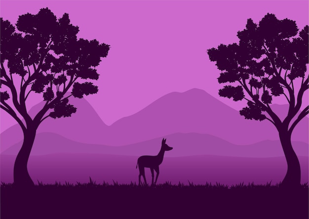 Vettore illustrazione vettoriale del paesaggio della fauna selvatica con una silhouette viola