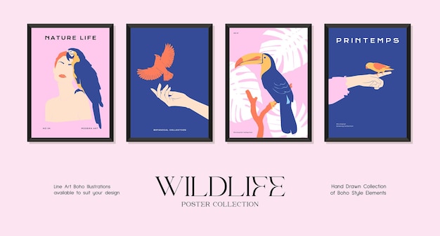 Collezione di poster stampa minimalista della fauna selvatica