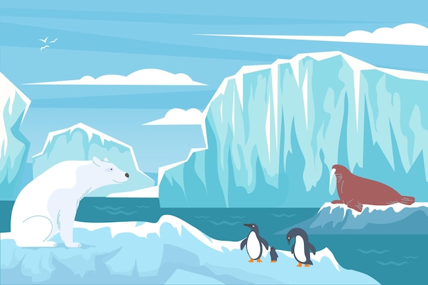 Wildlife polar flat composition with nordic landscape blocks of ice cliffs white bear penguins and seal illustration