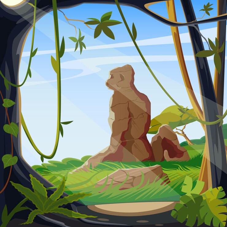 Vector wildlife scene view from the tropical jungle to a mountain in the shape of a monkey adventures and explore in the environment art drawing vector illustration
