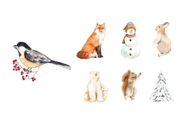 Wildlife village in winter watercolor decoration vector