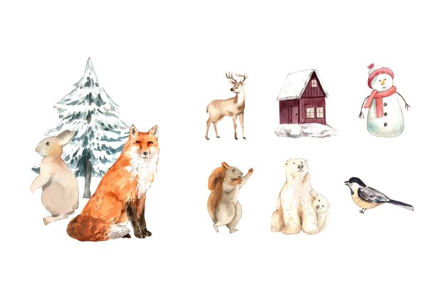 Wildlife village in winter watercolor decoration vector