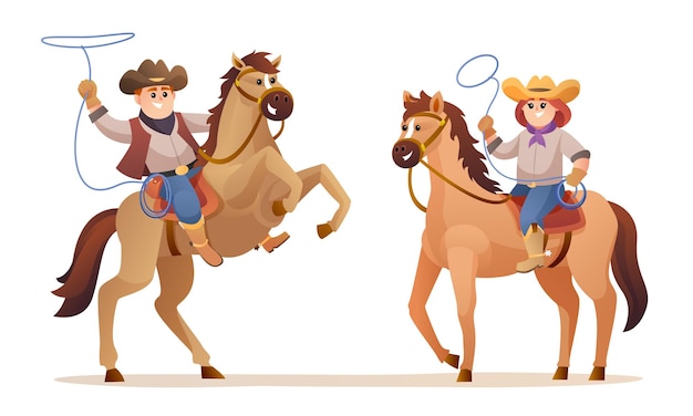 Wildlife western cute cowboy and cowgirl riding horse characters illustration