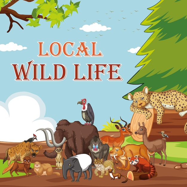 Vector wildlife world day local zoo set world animal day collage design with animals and nature