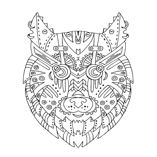 Рисунок головы дикого волка Цветная книга Модный паровой панк-стиль на векторной иллюстрации