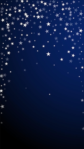 Willekeurige vallende sterren Kerst achtergrond. Subtiele vliegende sneeuwvlokken en sterren op donkerblauwe achtergrond. Verleidelijke winter zilveren sneeuwvlok overlay sjabloon. Dramatische verticale illustratie.