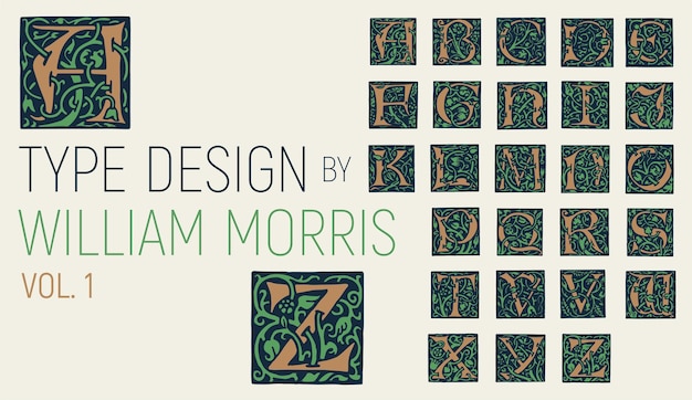 William Morris typografie, initialen met gebladerte. Typeontwerp met takken, gebladerte en bloemen.