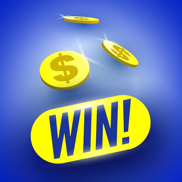 Vector win banner with golden coins on blue background vector illustration