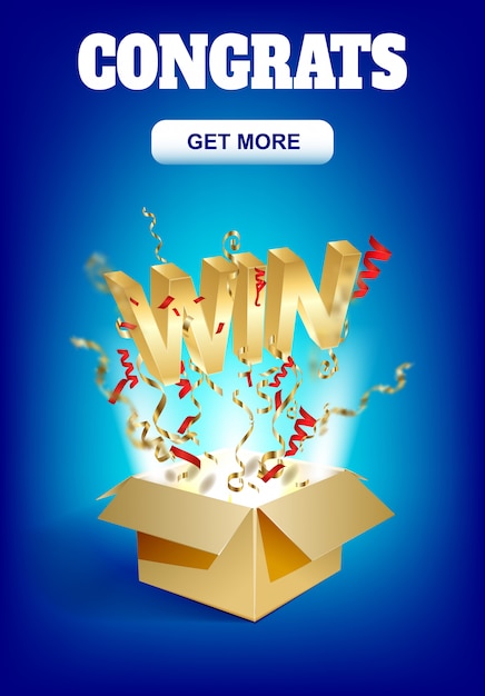 Vector win gift banner with gold balloons and falling confetti