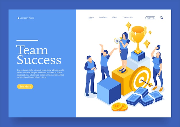 Win Isometric winner business success and achievement concept with characters