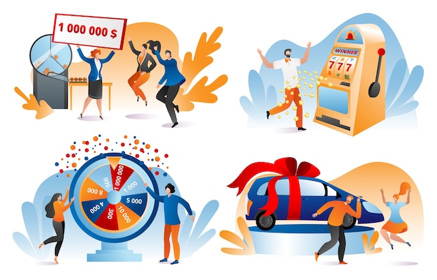 Win lottery prize, fortune winners set of  illustrations. Lucky people holding bank check for million dollars. Winning lottery, prize, car. Gambling, casino chance to play and win.