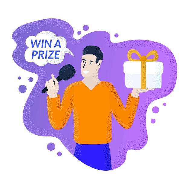 Win a prize text in the speech bubble. Spokesman holding gift box with ribbon bow.