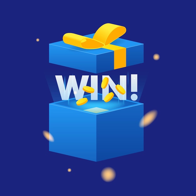 Win tekst open blauwe doos met confetti-explosie binnenin en gouden munten en win woord vliegende deeltjes uit geschenkdoos vectorillustratie op blauwe achtergrond