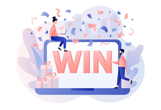 Vector win text on laptop screen you win concept congrats winner on falling down confetti background