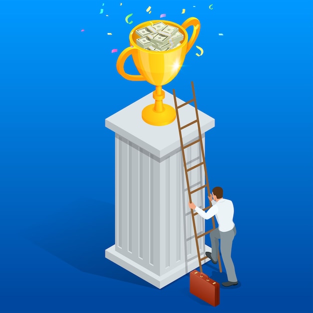 Win trofee succes beweging door obstakel platte 3d isometrie isometrische business concept web vectorillustratie. Platte 3d isometrische vectorillustratie.