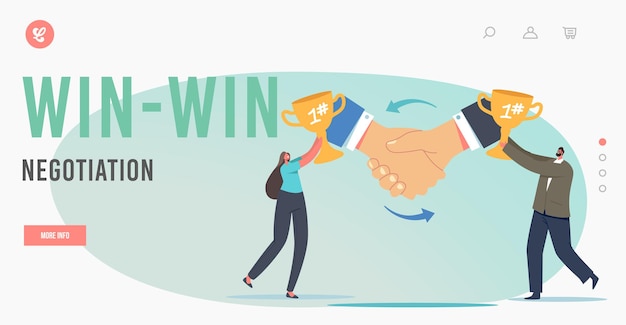 Win Win Negotiation Concept.landing 페이지 템플릿. 비즈니스 남자는 골드 컵과 악수를 동반합니다. 프로젝트 계약을 위한 기업인 캐릭터 회의. 만화 사람들 벡터 일러스트 레이 션