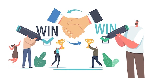 Concetto di soluzione di strategia vincente. accordo sui caratteri dei partner commerciali, partnership, accordo. uomini d'affari con la negoziazione di successo delle coppe d'oro, vantaggio di winwin. cartoon persone illustrazione vettoriale