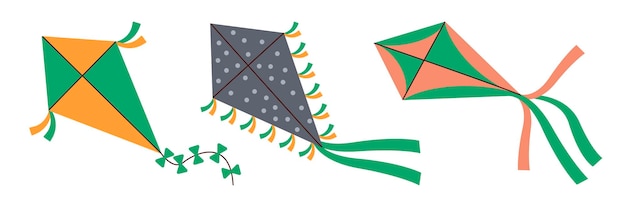 Воздушная бумага воздушного змея игрушка летающий привязанный объект с крыльями в форме бриллианта дизайн детские летние развлечения плоская векторная иллюстрация