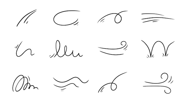 벡터 바람 도들 라인 모양 세트 공기 바람 흐름 나선 곡선 손으로 그린 도들 요소 만화 속도 파도 스플래시 드로잉 디자인  ⁇ 터 일러스트레이션