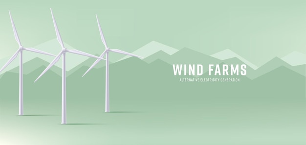 Vector wind electro station in de bergen 3d illustratie banner realistisch render stijl groene energie