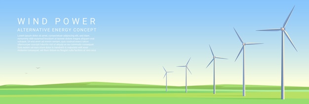 Wind energie turbines op een groene weide concept header poster