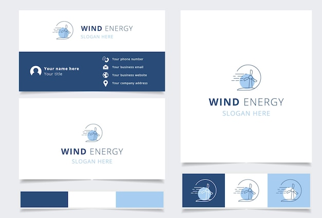 Дизайн логотипа ветряной энергии с редактируемым слоганом Визитная карточка и шаблон книги брендинга
