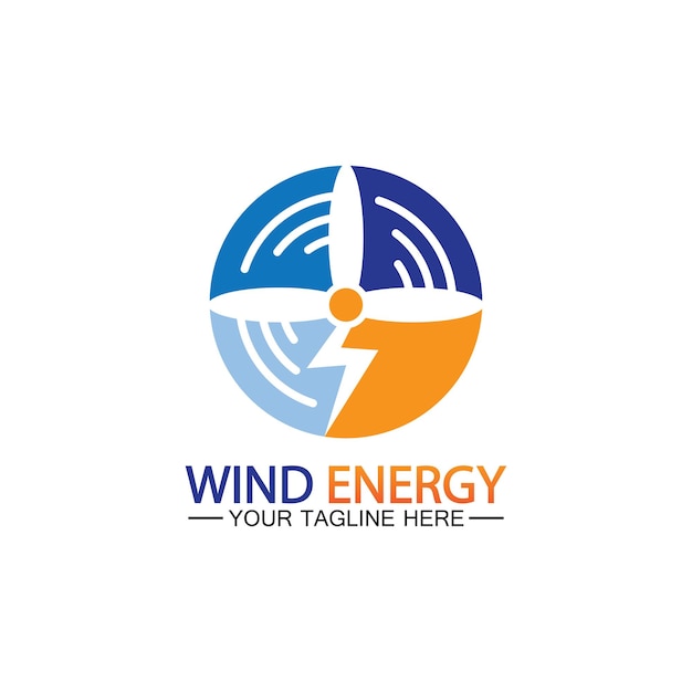 Wind energy logo renewable energy icon with wind turbines and thunder bolt isolated on white background