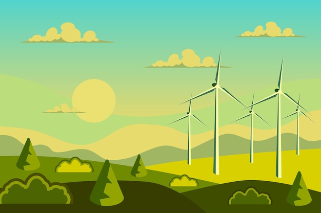 Vector wind energy turbines in field landscape   in flat cartoon style