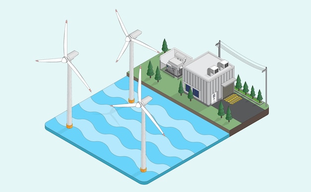 Vector wind energy wind turbine power plant wind farm isometric graphic