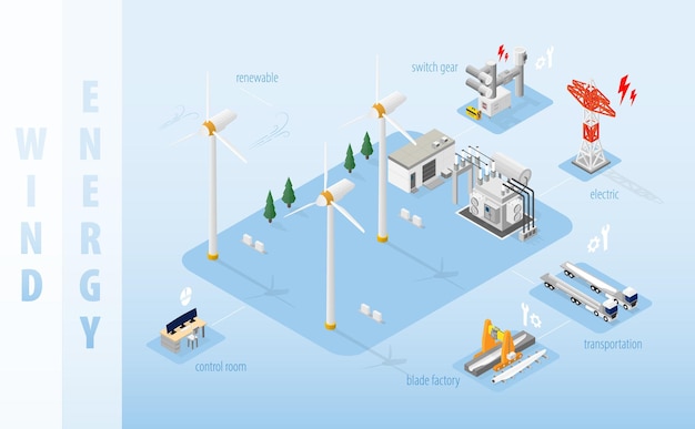 Vector wind energy wind turbine power plant with isometric graphic