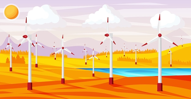 Wind farm in autumn fields among trees