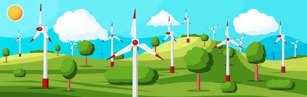 Wind farm in green fields among trees