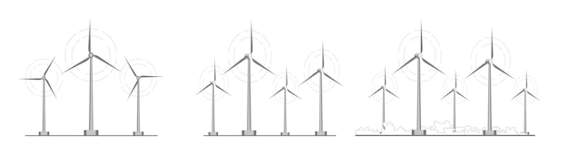 Generazione eolica del set illustrazione vettoriale di mulini a vento e turbine eoliche isolate