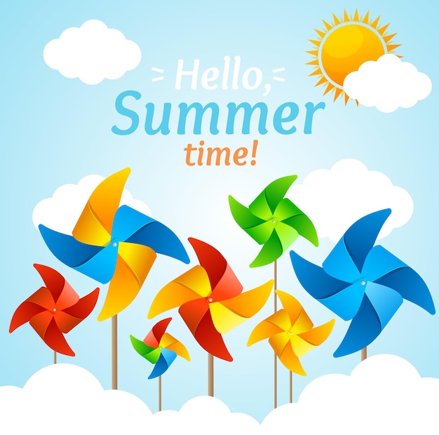 Wind Mill Hello Summer Concept Card Vector