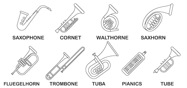 Strumenti musicali a fiato con il nome in una linea sottile set di strumenti musicali a fiato