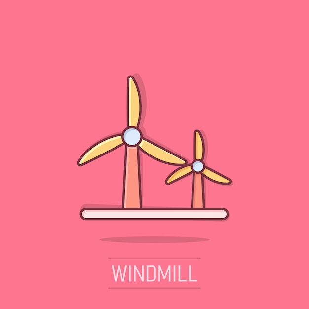 Wind power plant icon in comic style Turbine cartoon vector illustration on isolated background Air energy splash effect sign business concept