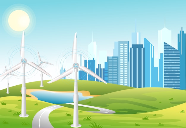wind power plant. wind turbines. green energy industrial concept.  illustration in flat cartoon style of wind power station with urban city background. renewable energy sources.