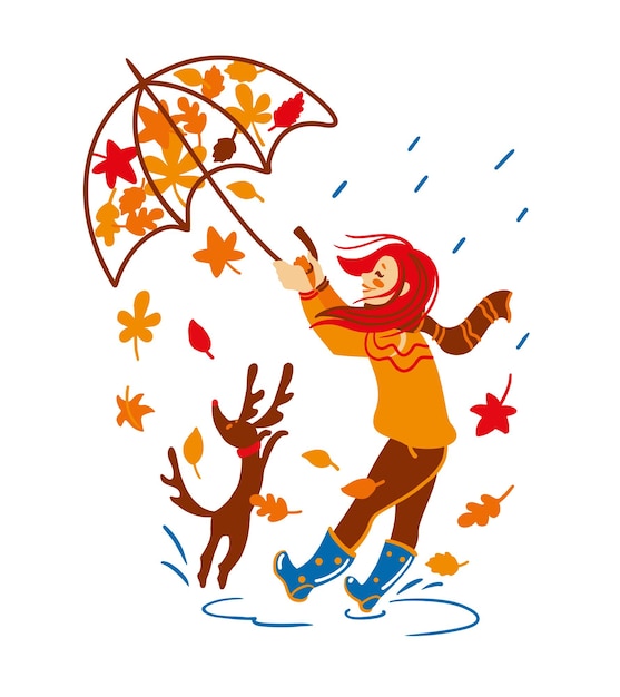 바람이 소녀의 손에서 우산을 찢습니다. 가을 시즌. 아이 그림.