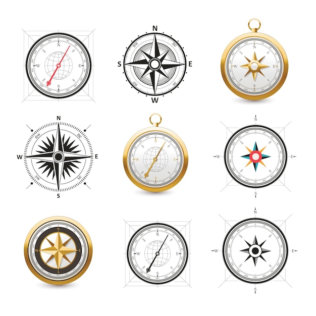 Wind rose compass vector icons set