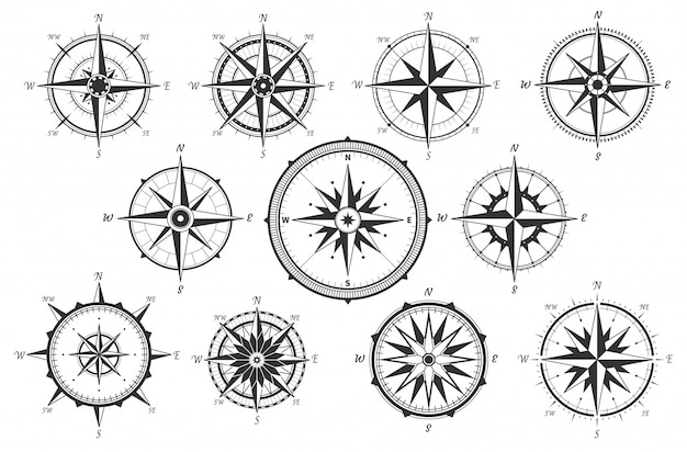 向量风向玫瑰图。地图方向的指南针。古代海洋风力测量图标孤立