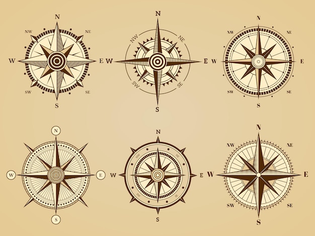 Wind rose. Nautical marine travel symbols for ancient ocean navigation map vector retro symbols. Illustration west and south, north and east direct