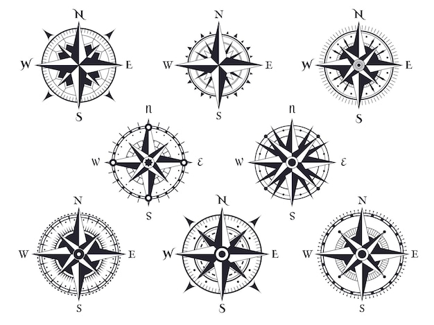 Rosa dei venti. bussola vintage con puntatori nord, sud e ovest, est. set retrò marino di cartografia.