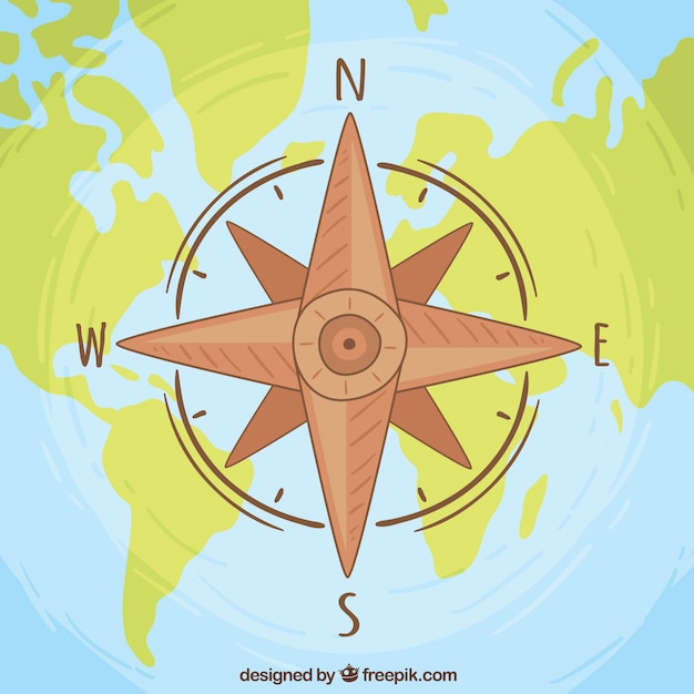 Rosa dei venti su sfondo mappa del mondo