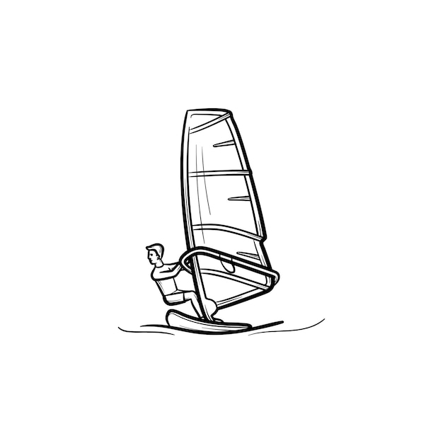 Icona di doodle di contorni disegnati a mano di windsurf. uomo in piedi sul tabellone per l'illustrazione di schizzo di vettore di windsurf per la stampa, il web, il mobile e l'infografica isolati su priorità bassa bianca.