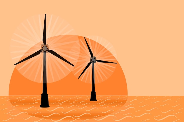 Wind turbine farm on sea at sunset Wind energy and Renewable resource Flat vector illustration