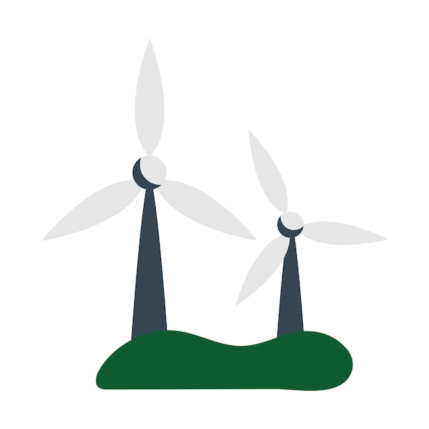 Wind turbine on green field vector illustration. Wind energy concept produces electricity.