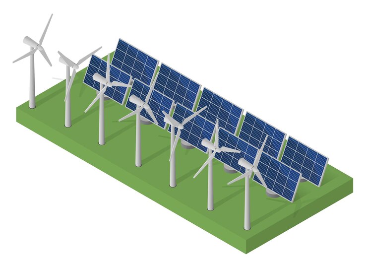Vector wind turbine power. isometric clean energy concept. wind power. blue solar panels. flat isometric. modern alternative energy. ecological energy.